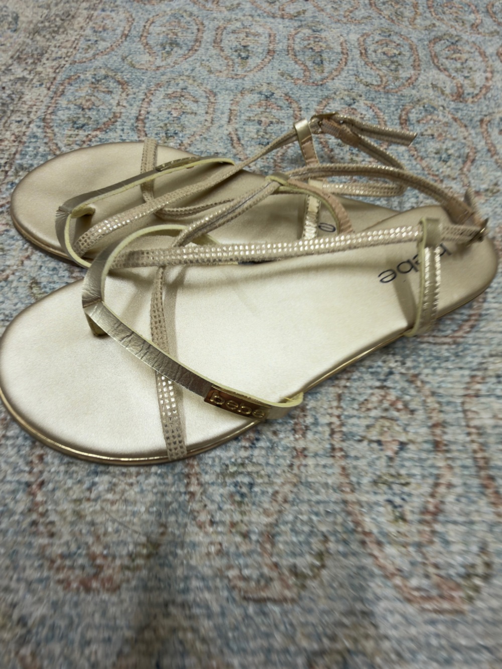 bebe Metallic Gold Strappy Flat Sandals size 6